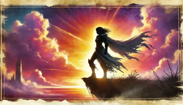 A silhouetted figure stands on a cliff edge, wrapped in a tattered cape. The vibrant sky behind features dramatic clouds and radiant light, evoking a Pathfinder RPGs epic adventure. A castle looms in the distance, reminiscent of an evocative tabletop RPG quest.