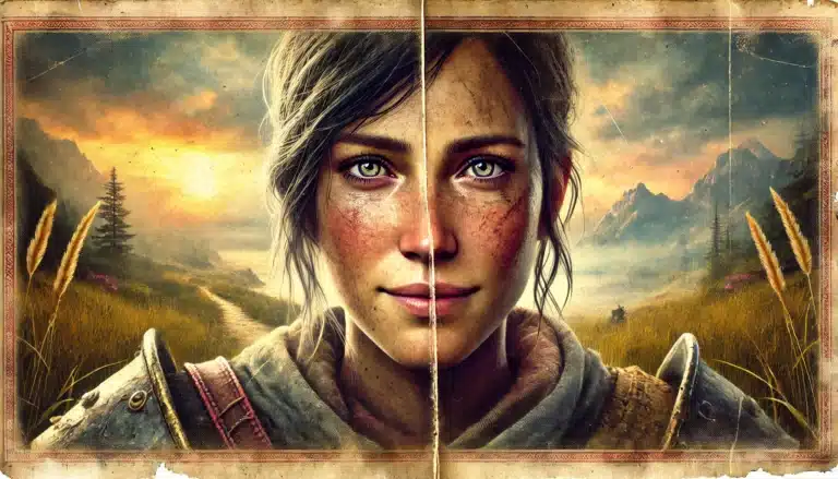 A close-up portrait of a woman with distinct brown and blue eyes captures the essence of a tabletop RPG. The left half is a knight in armor, while the right half reveals a traveler in a hoodie, united by a scenic backdrop of mountains and sunset that evokes an epic DND adventure.