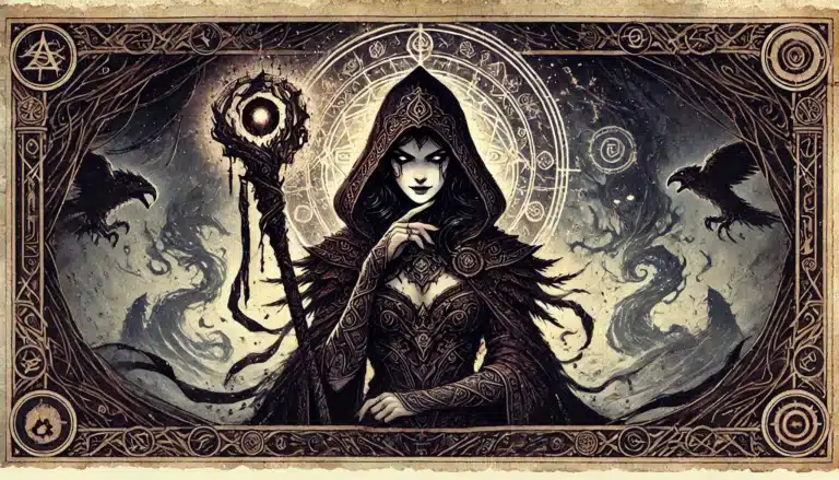 An ethereal, gothic-style illustration portrays a hooded sorceress with a glowing staff, surrounded by arcane symbols, crows, and swirling mystic energies. This captivating scene evokes the enchanting world of tabletop RPGs like Pathfinder RPG, all within an ornate, ancient-looking frame.