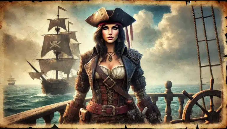 A woman dressed as a pirate stands confidently on a ships deck, evoking the spirit of Dungeons & Dragons, with her tricorn hat and leather attire. Behind her, another pirate ship sails the open sea under a cloudy sky, framed by a vintage, weathered border.
