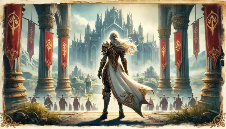 A figure in ornate armor with flowing hair stands on a platform, overlooking a vast, majestic castle surrounded by red banners. The scene, reminiscent of a tabletop RPG, is framed by towering pillars, exuding a sense of grandeur and fantasy.