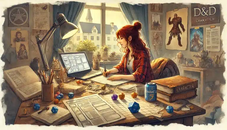 A person with red hair sits at a cluttered desk filled with tabletop RPG books, papers, dice, and snacks. They are writing in a notebook while a laptop is open beside them. Sunlight streams through a window, casting a cozy fantasy atmosphere perfect for adventure. -- PaulBellow.com.