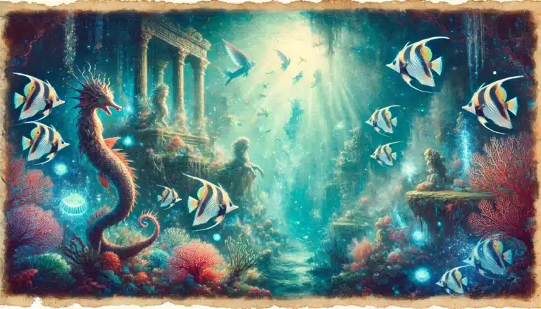 A fantasy underwater scene unfolds with ancient ruins reminiscent of a Dungeons & Dragons adventure, featuring a seahorse, vibrant fish, and colorful coral. Sunlight filters through the water, bringing to life the marine wonders and mystical structures below.