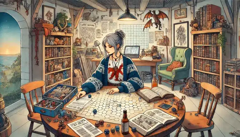 A woman with gray hair sits at a round table covered with fantasy role-playing game materials, maps, and dice. Shelves filled with books and curiosities surround her. A dragon figurine is on the wall, and an open window reveals a serene landscape at dawn, setting the perfect scene for DND adventures.