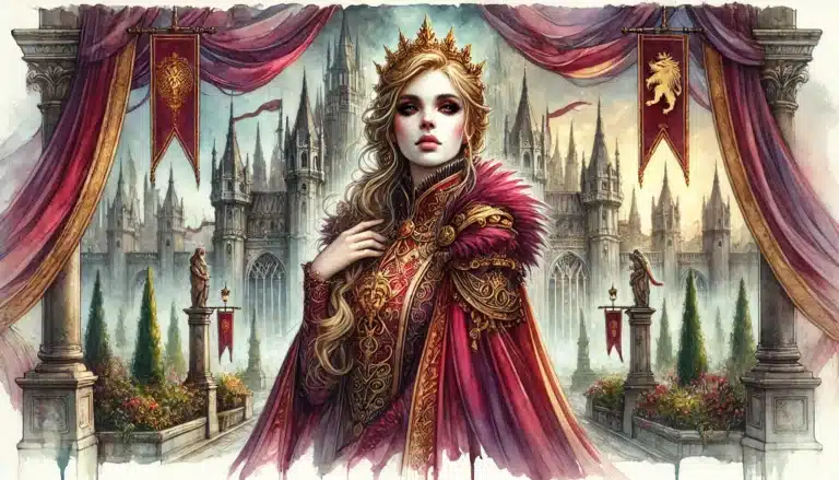 A regal figure in ornate red and gold attire stands against a grand medieval castle backdrop, reminiscent of a fantasy realm from Dungeons & Dragons. The crowned figure is flanked by elaborate red banners, with lush greenery and statues enhancing the majestic scene.