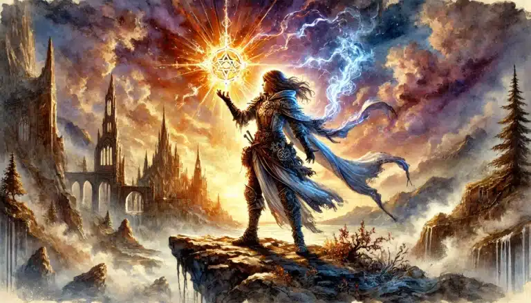 A mystical figure stands on a cliff, holding a radiant orb against a dramatic sky. Lightning cracks around them as if pulled from a scene in Dungeons & Dragons, with a distant gothic castle visible. The vibrant colors and dynamic movement evoke fantasys magic and adventure.