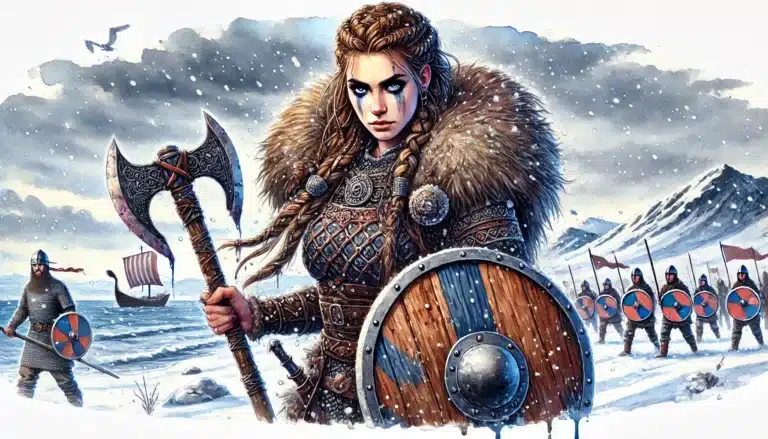 Amidst a snowy landscape, a fierce warrior with braided red hair, a fur collar, and a blue face marking grips her axe and shield. With Viking ships in icy waters behind her, she resembles a formidable hero straight out of a Dungeons & Dragons campaign.