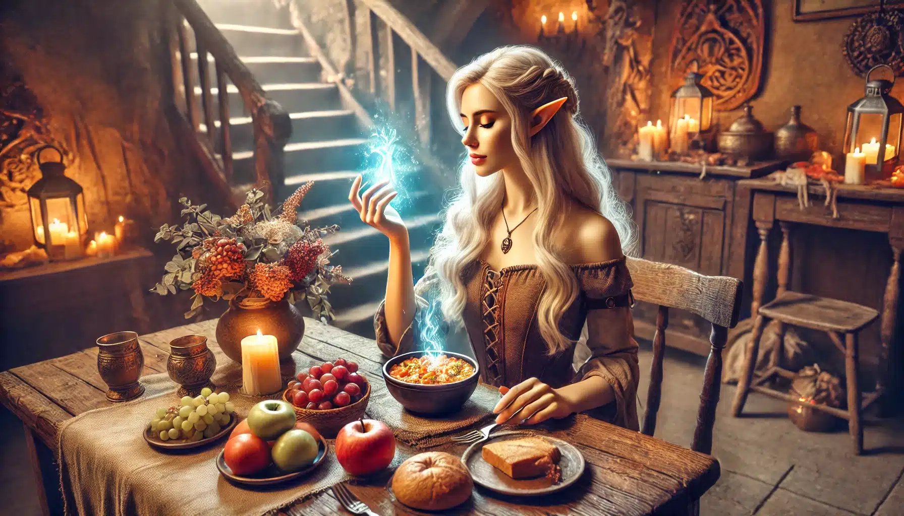An elf with long white hair and pointed ears sits at a rustic wooden table in a candlelit room, evoking the essence of a fantasy tabletop RPG. She holds a glowing blue orb above her meal, surrounded by fruits, bread, and flowers. Stairs and shelves form the backdrop of this DND setting.
