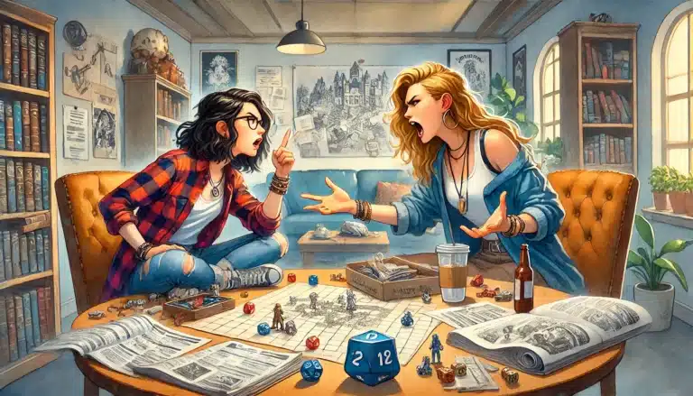 Two women intensely debate over a tabletop role-playing game. The woman on the left, in a plaid shirt and glasses, passionately gestures while sitting on a chair. As they dive deep into the fantasy of the Pathfinder RPG, the woman on the right leans forward. Game pieces and dice are scattered on the table.