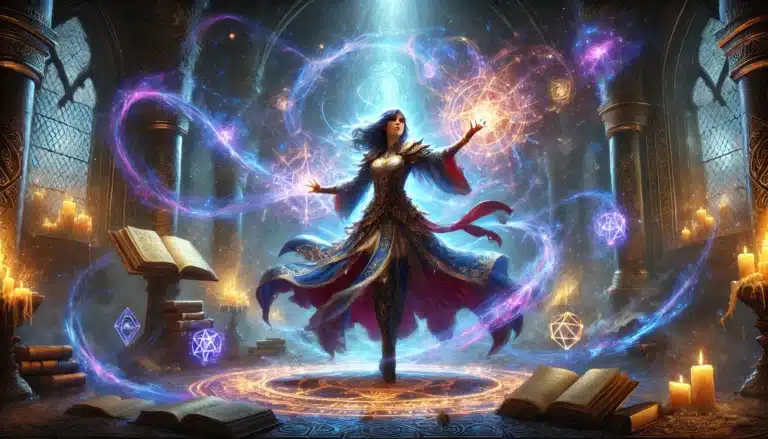 In a mystical scene reminiscent of a tabletop RPG, a woman in an elaborate robe stands amidst swirling magical energies and glowing symbols. Shes on an intricate circle, with open ancient books and candles around her, set in a grand, ornate chamber fit for any DND adventure.
