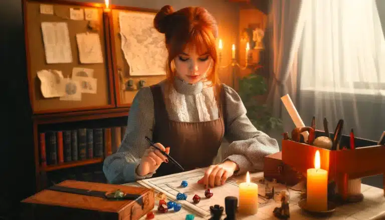 A woman with fiery red hair, clad in a gray blouse and brown dress, sits at a table strewn with scattered dice, maps, and candles. Immersed in her tabletop RPG world, she sketches intently as books and a globe hint at the fantasy realms surrounding her.