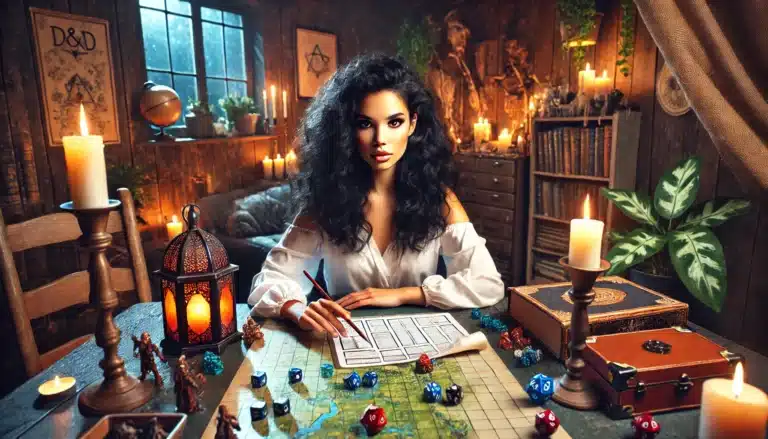 A woman sits at a table brimming with Dungeons & Dragons materials, epitomizing the essence of a classic TTRPG fantasy setting. Her curly hair and white blouse glow in the candle-lit room, adorned with mystical decorations and books that evoke a cozy and enchanting gaming atmosphere.