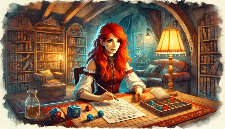A woman with long red hair sits at a wooden table in a cozy, book-lined room. Shes writing on a sheet, surrounded by multicolored dice and open books on Pathfinder RPG, with a glowing lamp beside her. The ambiance is warm and inviting.