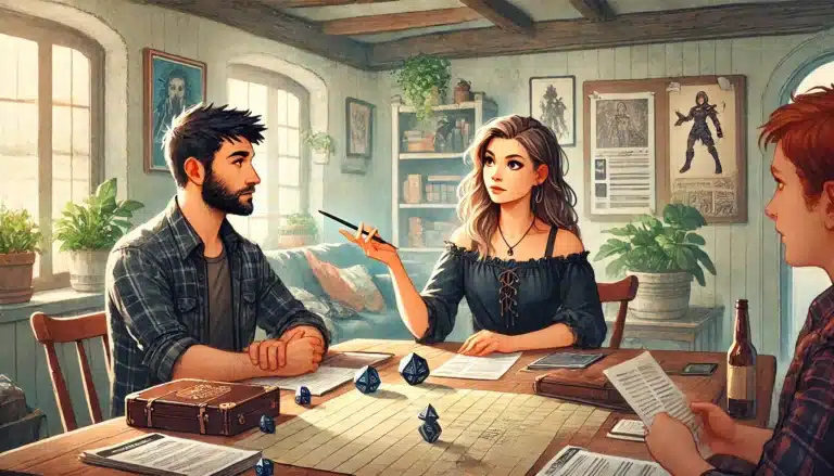 A group of three people sits around a table playing Dungeons & Dragons. The room is filled with plants, shelves, and posters. Dice and game sheets are scattered across the table as sunlight streams through the window, setting the perfect ambiance for their epic quest.