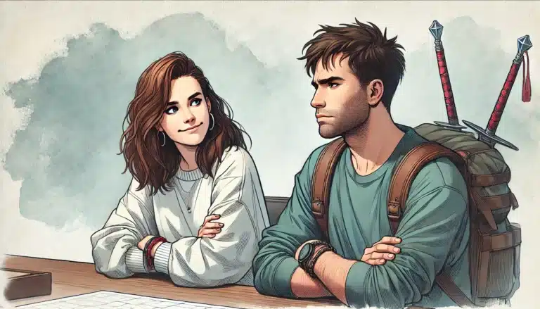 A woman with long brown hair smiles at a man with short hair, who has two swords on his back. They sit at a table in what feels like a scene from a tabletop RPG. With crossed arms, the man looks serious, while the woman seems amused against a dreamy watercolor backdrop.