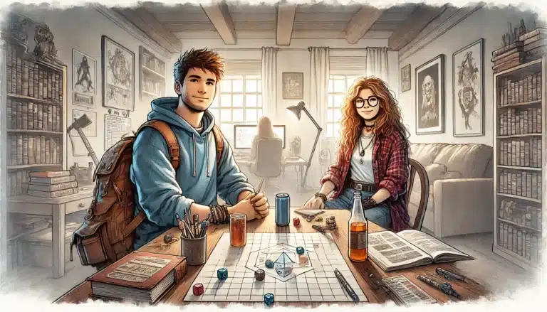 A cozy room with two people engaged in a tabletop RPG, surrounded by books and fantasy artwork. Theyre absorbed in a Dungeons & Dragons session with dice and a grid. The scene is warmly lit, and someone is at a computer in the background.