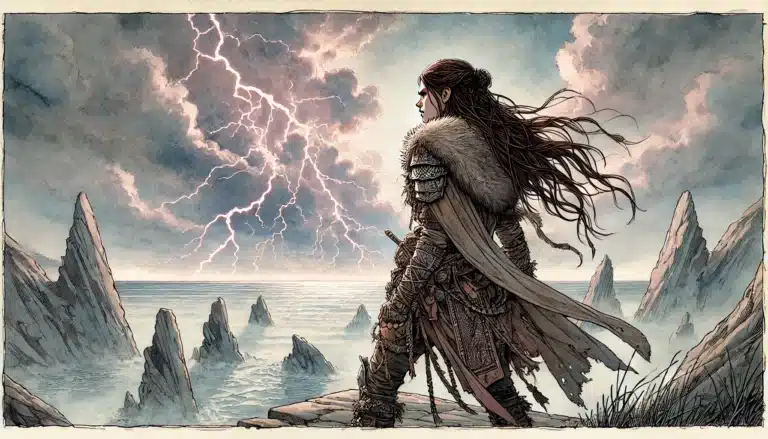 A warrior in fur and armor stands on a cliff, embodying the spirit of a DND hero, overlooking a stormy sea. Dramatic lightning illuminates the sky. Jagged rocks jut from the water. Her long hair flows in the wind, weaving tales of fantasy adventure and power.