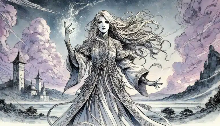 Fantasy artwork of a mystical woman with flowing hair and elaborate robes standing in a serene landscape. The scene, reminiscent of Dungeons & Dragons, features towers, clouds, and a starry sky, blending elements of magic and nature.