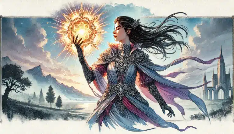 Amidst a backdrop of mountains and a dramatic sky, this fantasy female warrior wields a glowing orb. Her flowing dark hair cascades over intricate armor in regal purple and silver tones. An ancient building looms in the distance, evoking the epic quests of Pathfinder RPG.