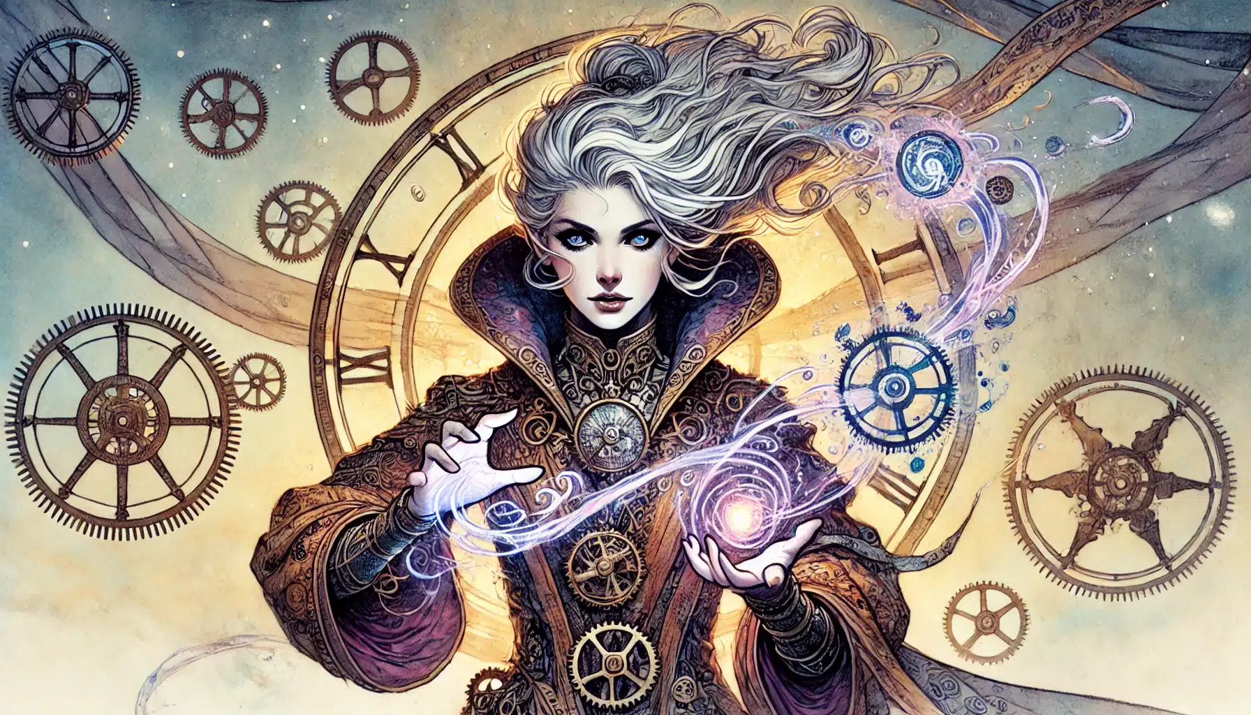 Illustration of a mysterious figure in ornate attire manipulating swirling magical energy, reminiscent of a powerful Dungeons & Dragons character. Clocks and gears surround them, symbolizing time and complexity. The figures hair flows dramatically, enhancing the fantastical atmosphere.