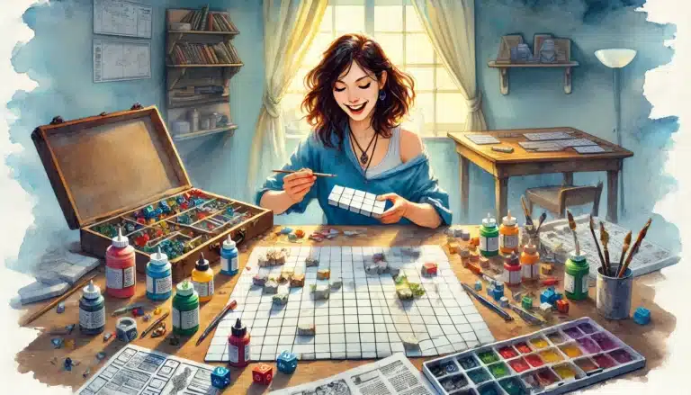 A woman sits at a table in a sunlit room, painting miniatures on a grid-covered paper, reminiscent of DND adventures. The table is cluttered with paints, brushes, and dice. A bright, cheerful atmosphere fills the room.