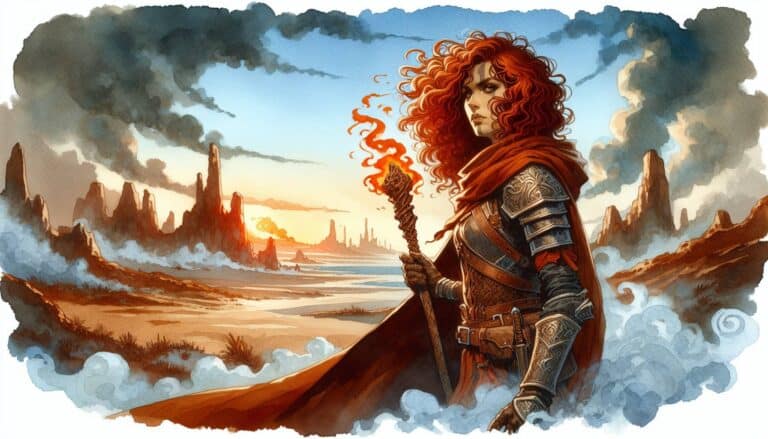 In a dramatic, misty landscape with rocky formations and a setting sun, a warrior with curly red hair holds a glowing staff. Clad in armor and a red cloak, she exudes determination and strength, embodying the spirit of fantasy worlds like DND or Pathfinder RPG.