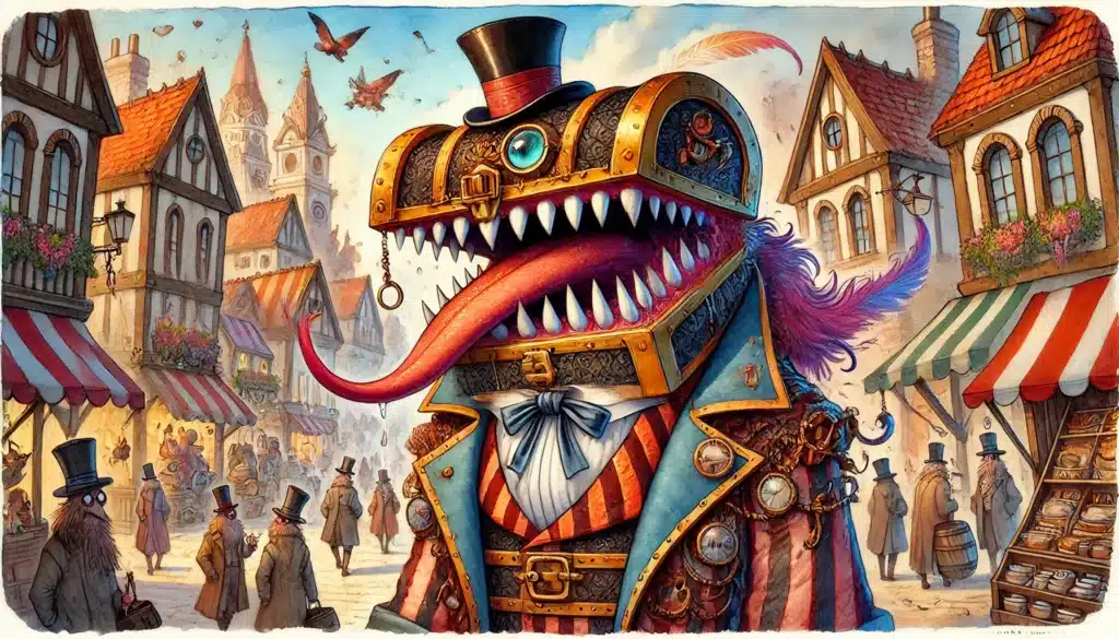 In a steampunk-inspired street scene fit for a tabletop RPG adventure, a large creature in a decorated metal suit, top hat, and monocle prowls. Its long tongue flickers past sharp teeth as Victorian-dressed people fill the cobblestone street lined with whimsical buildings and stalls.