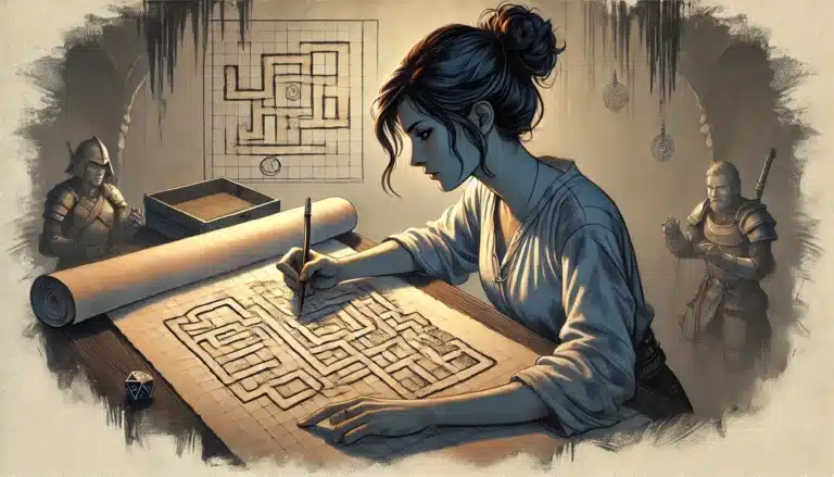 A woman intensely draws a maze on a scroll in a dimly lit medieval room, embodying the essence of Pathfinder RPG. Knights stand shadowed in the background, as if awaiting her next move. A detailed maze hangs on the wall, and a die rests nearby, adding to this strategic tabletop RPG atmosphere.