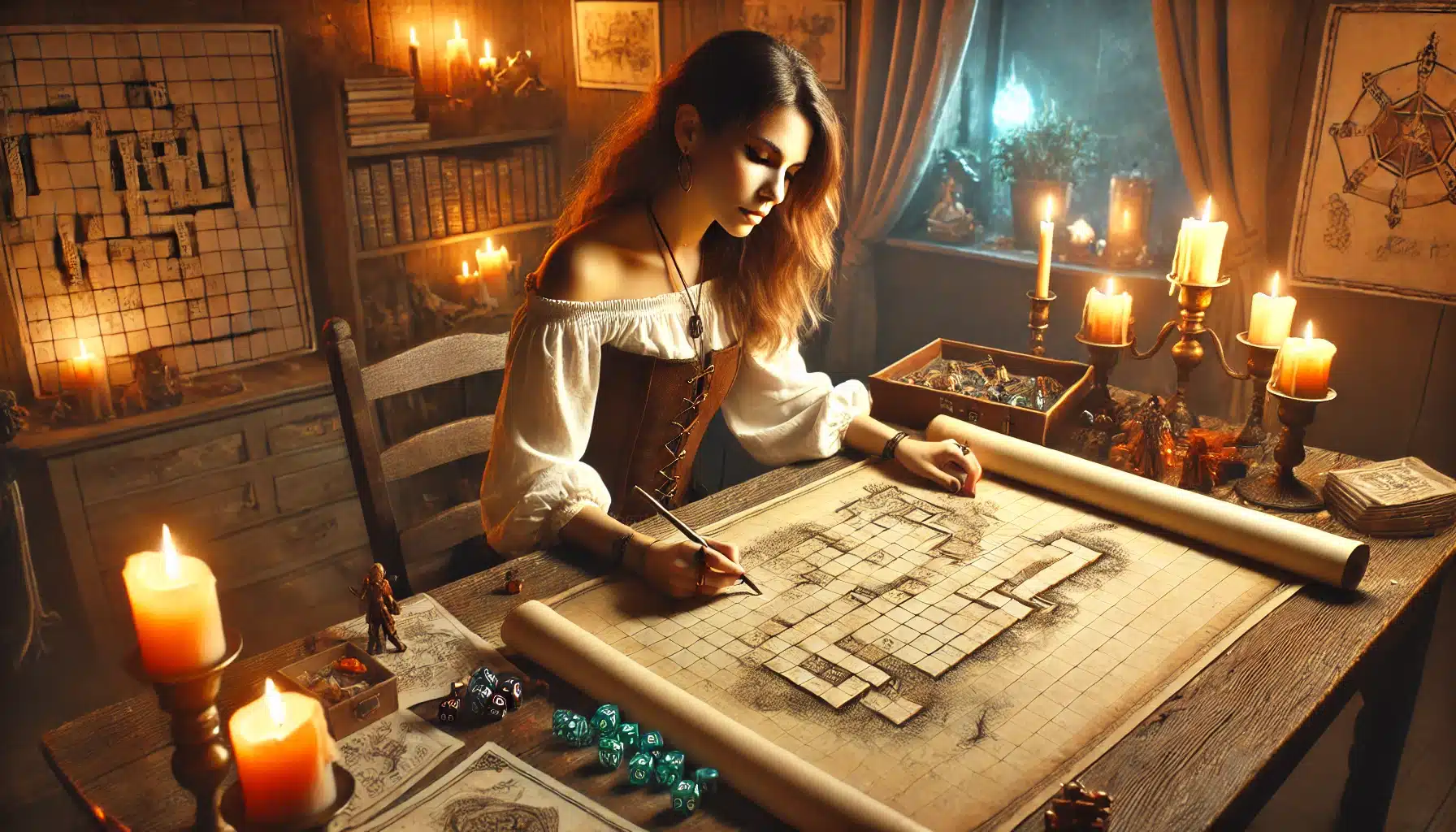 A woman in a medieval-style dress crafts a detailed fantasy map at a candle-lit table, capturing the essence of DND. The room brims with maps, books, and dice, evoking a tabletop RPG atmosphere. Warm lighting enhances the cozy and immersive setting.