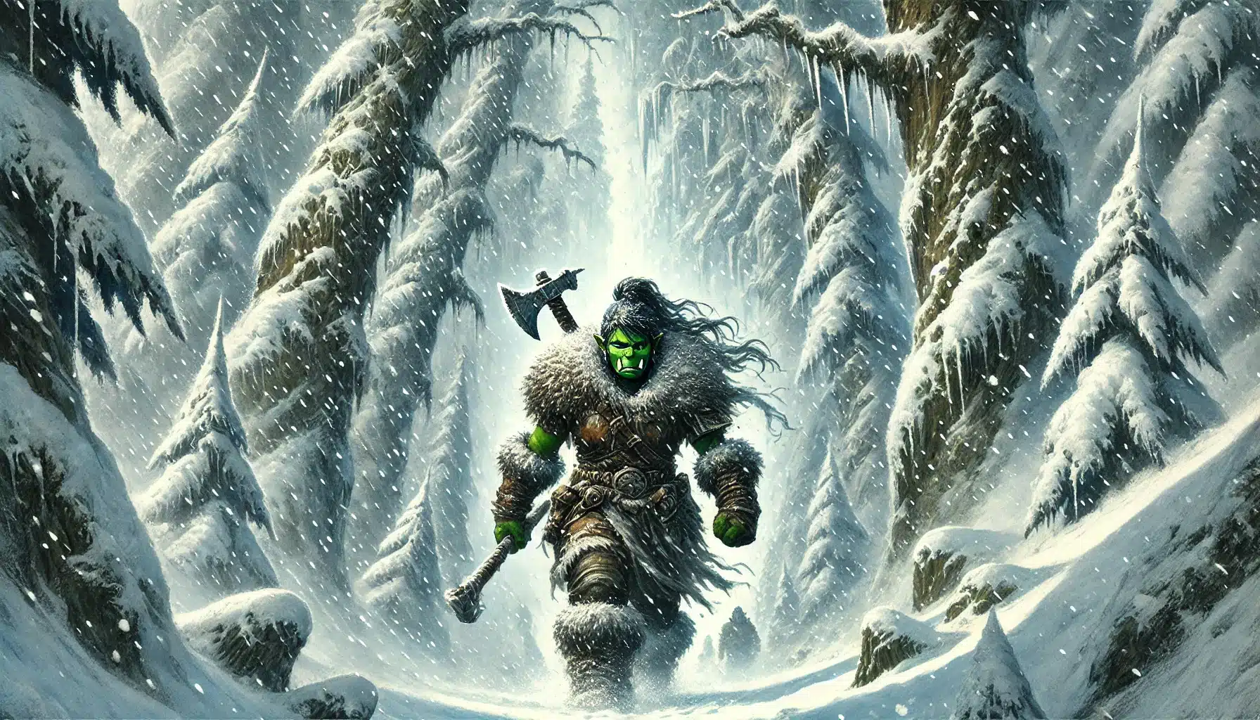 An Orc clad in fur armor strides through a snow-covered forest, holding an axe. The trees are heavy with snow, and snowflakes fill the air, creating a dramatic and intense atmosphere akin to a scene straight out of a gripping tabletop RPG adventure.