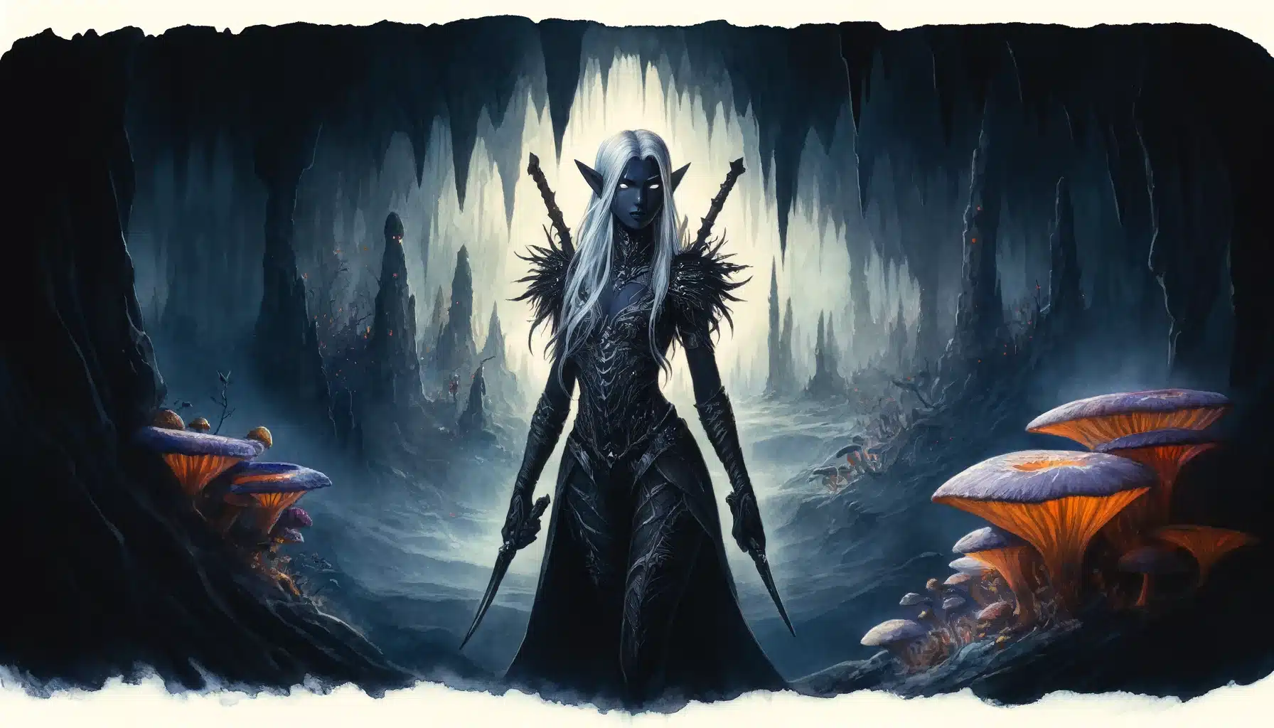 A Dungeons & Dragons elf warrior with long white hair stands in a dark cave, wielding two swords. The cave is adorned with glowing orange mushrooms, and jagged rock formations in the background enhance the mysterious and magical fantasy atmosphere.