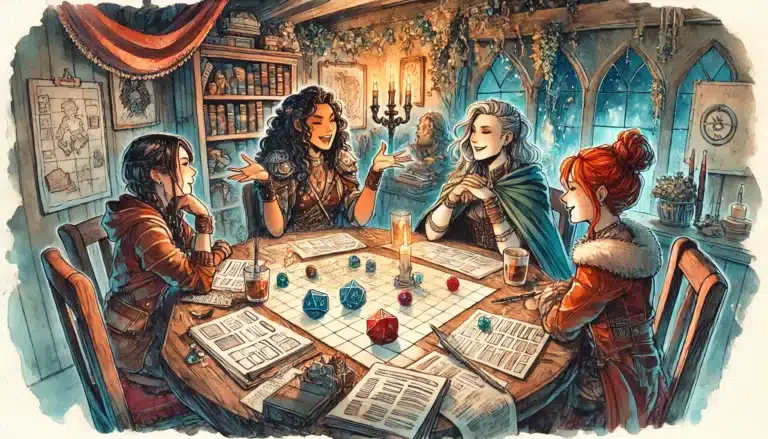 Four people immerse themselves in a tabletop role-playing game like Pathfinder RPG in a cozy, medieval-themed room. The table is laden with dice, character sheets, and a candle. Shelves and decorative plants adorn the background as snow gently drifts outside the window.