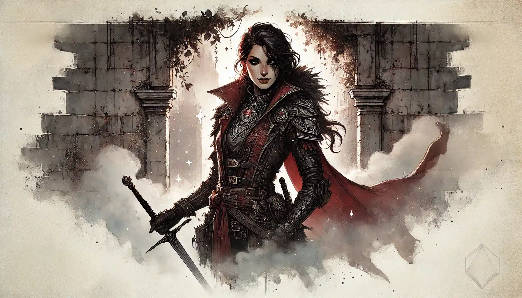 Illustration of a woman in dark, intricate armor with a red cape, holding a sword—a perfect character for your next DND or Pathfinder RPG adventure. She stands confidently before mist-veiled ruins, her flowing hair adorned with a pendant, creating a mystical and dramatic atmosphere.
