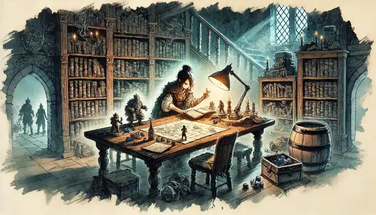 An artist, wearing glasses and a scarf, meticulously crafts Dungeons & Dragons figurines under a lamp at a cluttered table in a dimly lit library. Shelves of books surround the room, and light streams in through a window, casting soft shadows on this tabletop RPG scene.