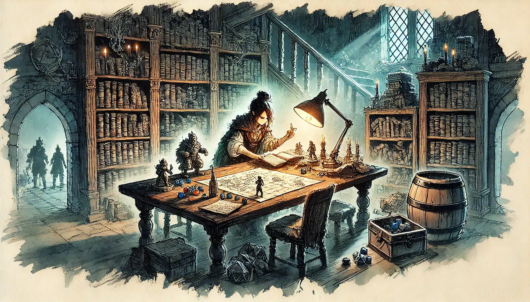 An artist, wearing glasses and a scarf, meticulously crafts Dungeons & Dragons figurines under a lamp at a cluttered table in a dimly lit library. Shelves of books surround the room, and light streams in through a window, casting soft shadows on this tabletop RPG scene.