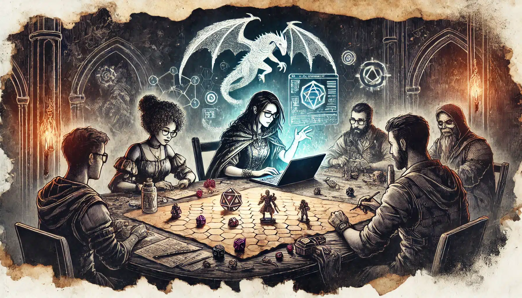 Illustration of five people immersed in a tabletop RPG like DND. A glowing dragon and holographic elements float above, enhancing the medieval, mystical ambiance with scattered dice and character sheets.