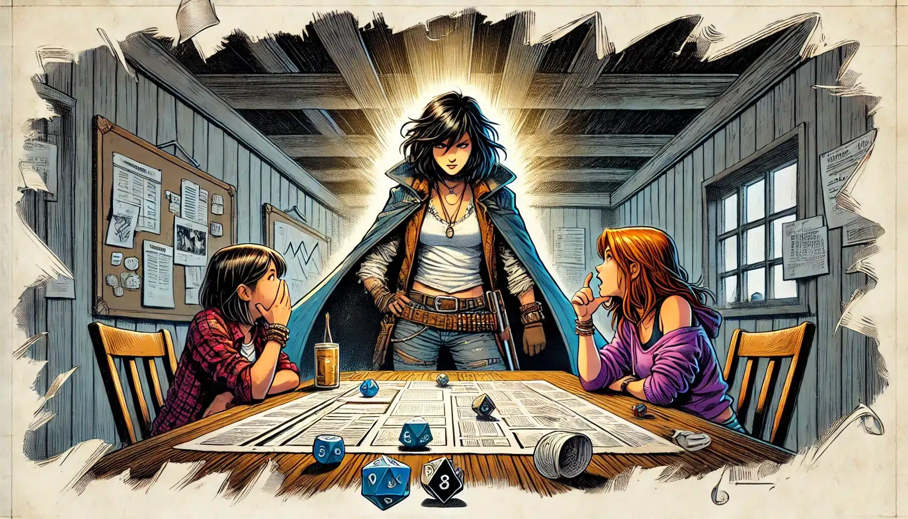 A fantasy character with a glowing aura stands confidently at the table, surrounded by three people engrossed in a tabletop RPG. Dice and papers are scattered across the space. The room feels cozy, with a bulletin board and window providing a serene backdrop.