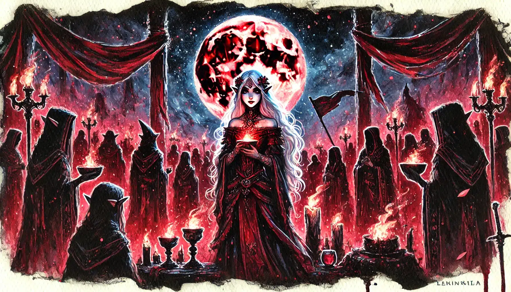 Illustration of a mystical scene reminiscent of a DND campaign, featuring a woman in an elaborate gown holding a glowing heart, surrounded by hooded figures. The background displays a fiery red moon and draped banners, creating an eerie and magical atmosphere perfect for any fantasy ttrpg.