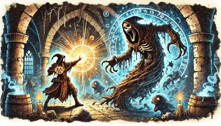 In a dark, arched stone chamber reminiscent of a Dungeons & Dragons setting, a wizard with a staff casts a bright spell against a towering, hooded ghost. Mysterious symbols glow in the air while skulls and candles are scattered on the ground, enhancing the eerie atmosphere.