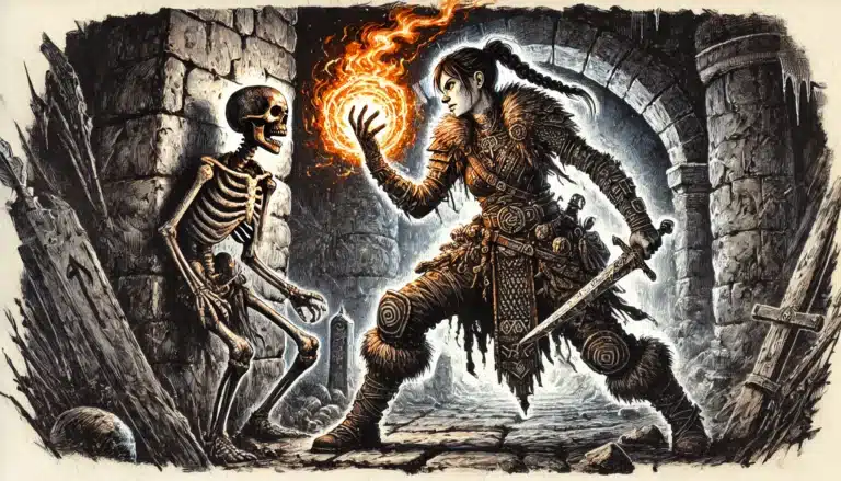 In a shadowy stone corridor, a warrior clad in fur stands firm, her sword ready as she faces an eerie skeleton. A fiery orb in her hand casts light on her resolute expression and the skeletons hollow gaze. Its like a scene straight out of a Pathfinder RPG or another vivid tabletop fantasy adventure.