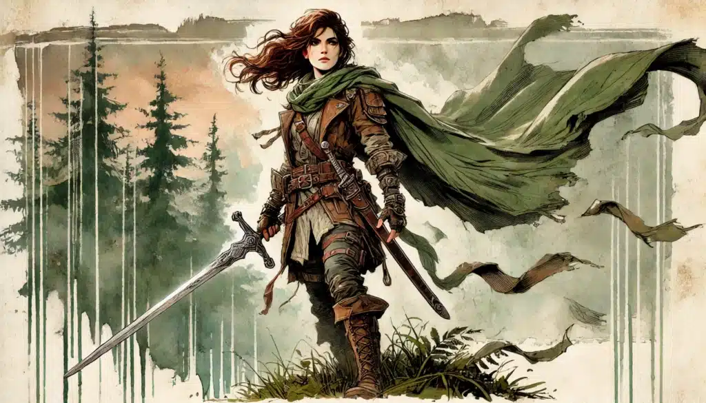 A woman in fantasy armor stands confidently on the grass, a sword in one hand. Her long hair flows with the wind along her tattered green cloak. She gazes ahead with determination, reminiscent of a Dungeons & Dragons hero. Tall trees and a moody sky form the backdrop.