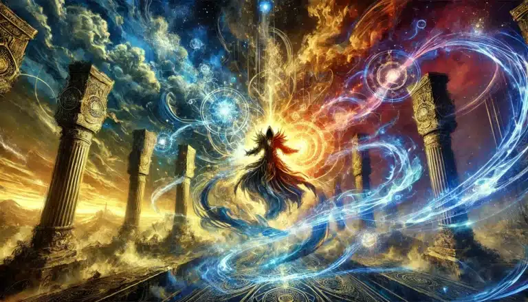 A mystical figure stands amidst swirling blue and fiery orbs, surrounded by ancient pillars like a scene from a DND campaign. The sky is a blend of golden, blue, and fiery hues, evoking cosmic energy and ethereal magic straight out of a fantasy ttrpg.
