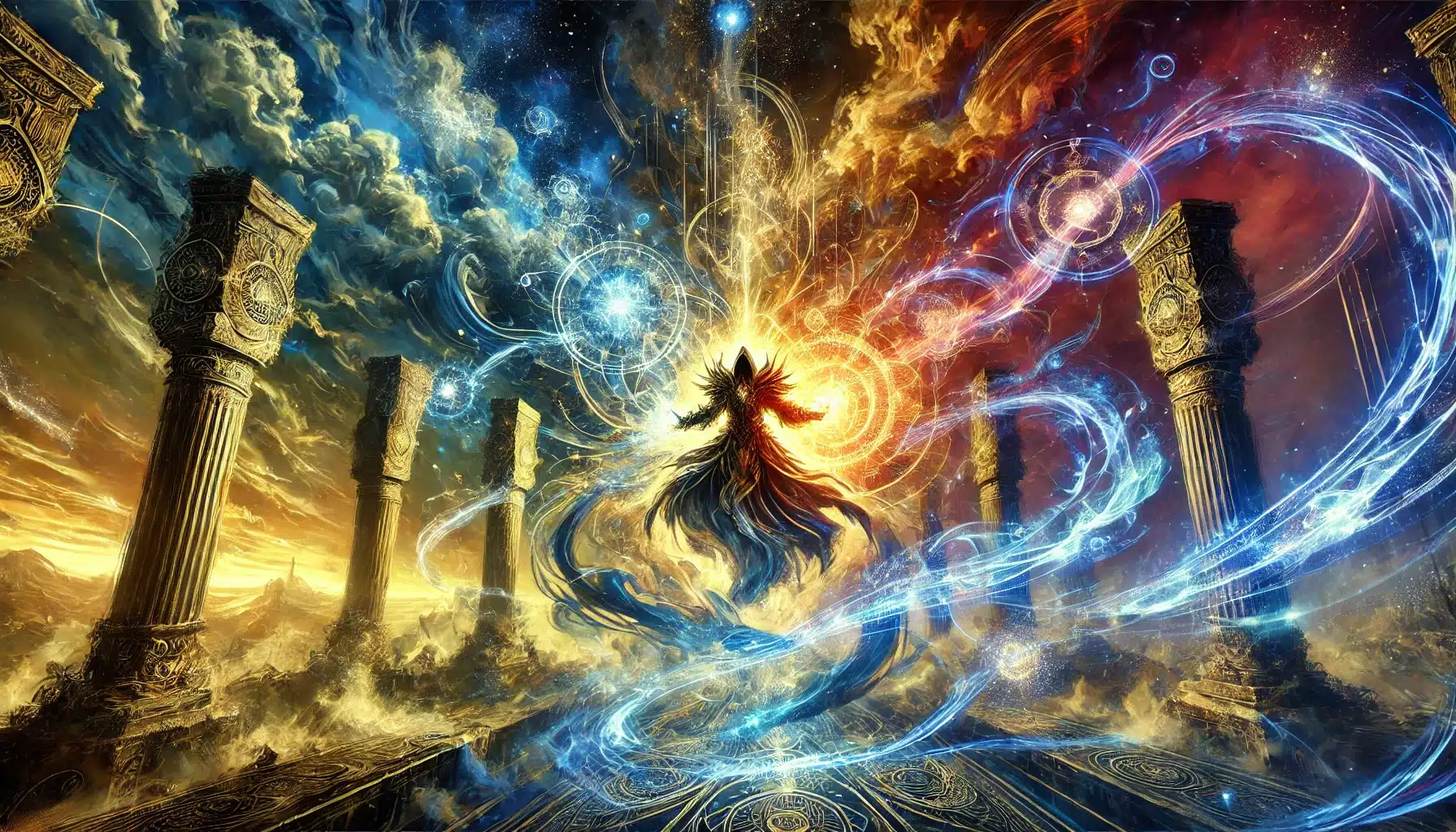 A mystical figure stands amidst swirling blue and fiery orbs, surrounded by ancient pillars like a scene from a DND campaign. The sky is a blend of golden, blue, and fiery hues, evoking cosmic energy and ethereal magic straight out of a fantasy ttrpg.