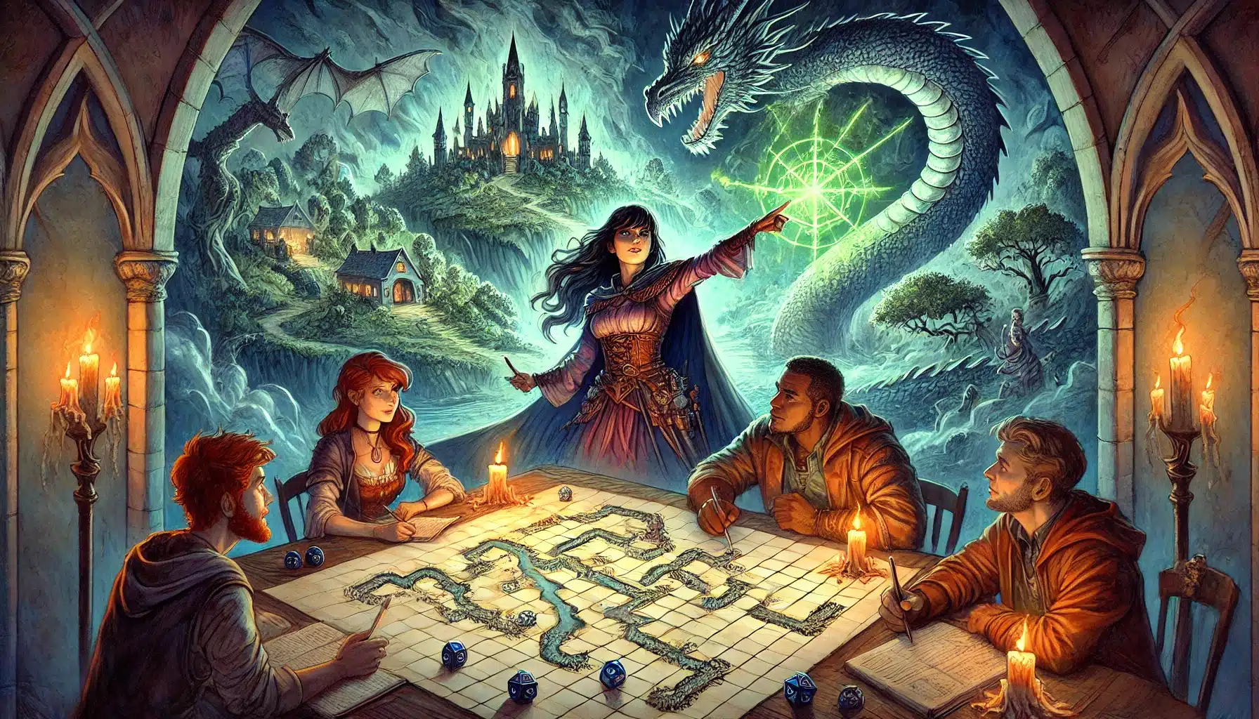Five people play a fantasy tabletop game in a gothic setting, the flickering candlelight casting shadows on their DND map. Above them, a ttrpg scene unfolds with a sorceress casting a spell at a menacing dragon, while a castle looms on a distant hill.