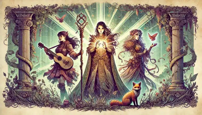 Illustration of three mystical women in ornate attire, one holding a staff, another a guitar, and the third with a bird—perfect for your tabletop RPG set. A glowing orb centers the scene amid ivy-covered pillars and a red fox in this enchanting Dungeons & Dragons forest.