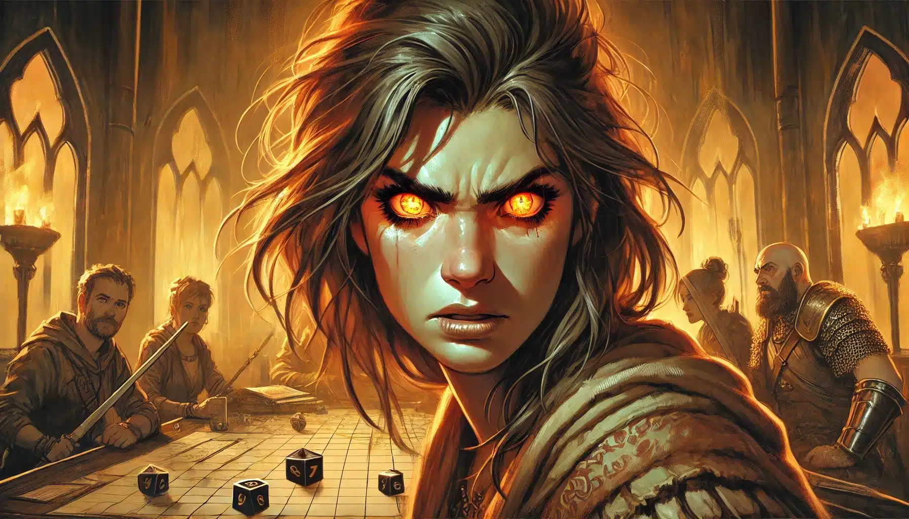 In a dimly lit medieval setting, a person with glowing orange eyes and an intense expression stands prominently. Behind them, a group gathers around a table, engaged in what appears to be a fantasy game of dice—a scene reminiscent of Pathfinder RPG or DND adventures.