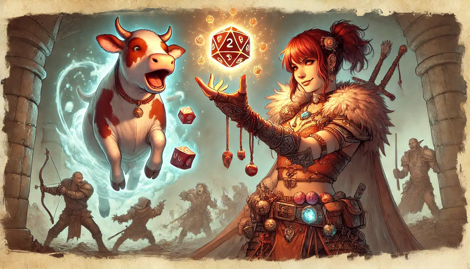 In a vibrant and whimsical fantasy scene, a woman in ornate armor casts a spell while clutching a glowing 20-sided die from Dungeons & Dragons. Beside her, a magical cow floats serenely as warriors clash in the background, embodying the enchanting chaos of DND.