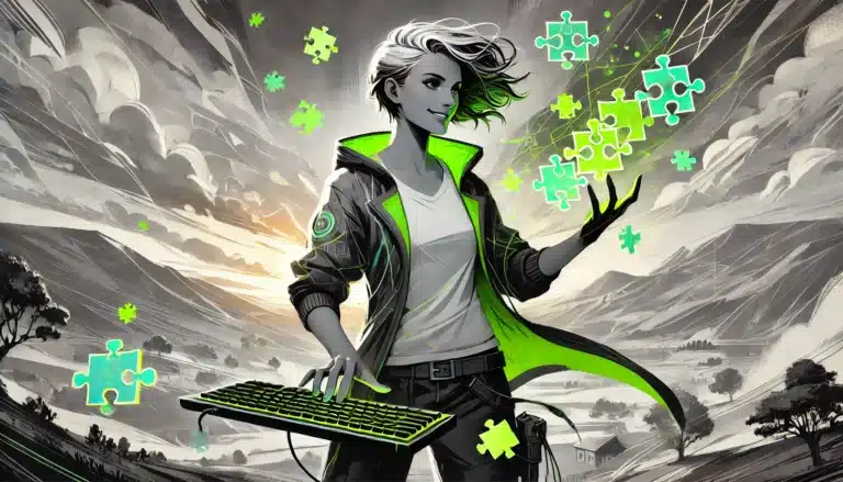 A grayscale illustration depicts a person with short, dual-colored hair, wearing a glowing green jacket like a character from Dungeons & Dragons. They hold a keyboard in one hand while controlling floating green puzzle pieces in a fantasy landscape at sunrise.