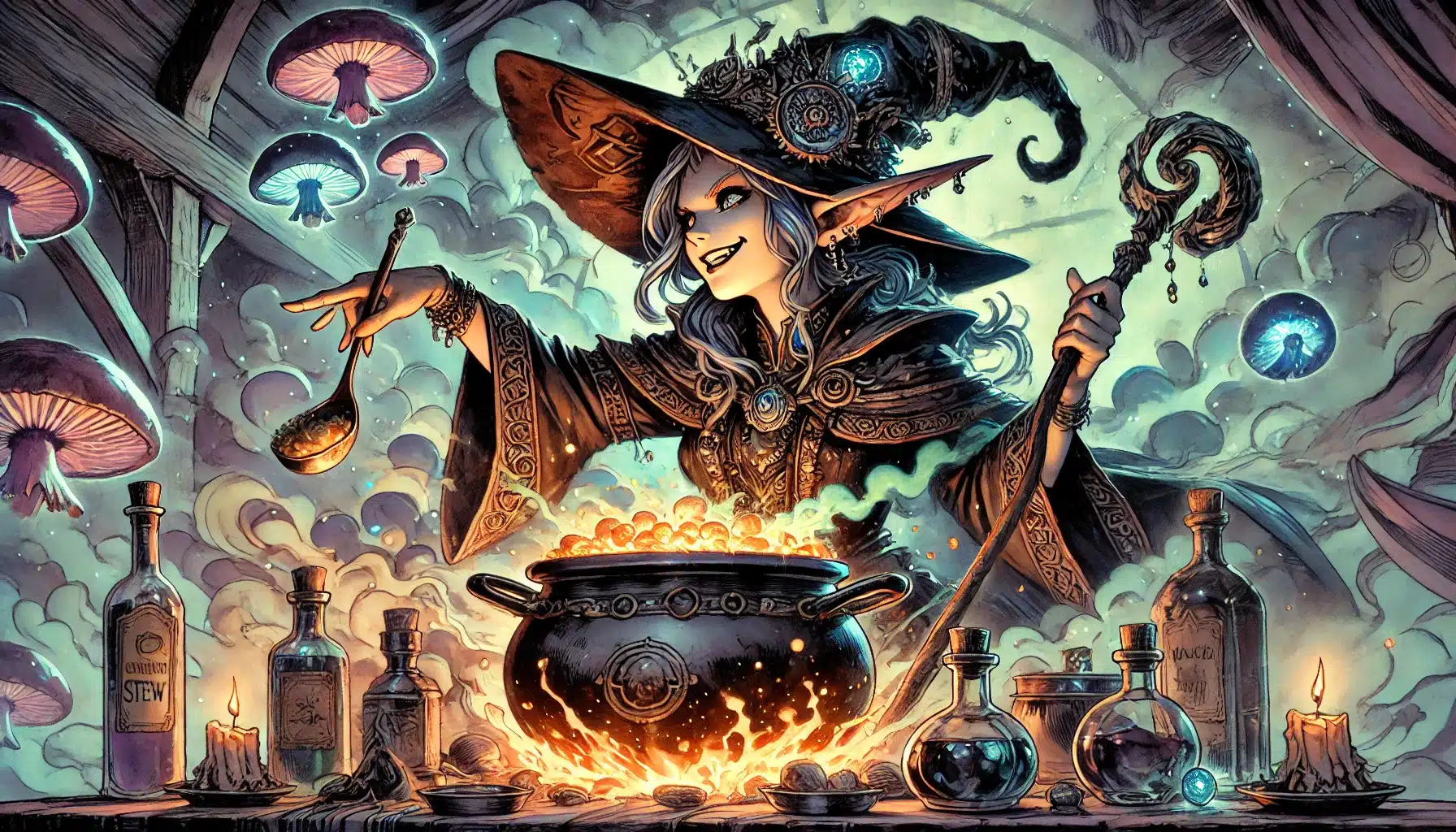 A whimsical witch with a pointy hat stirs her bubbling cauldron, reminiscent of a scene from Dungeons & Dragons. Surrounded by colorful mushrooms and mysterious potions, the setting glows with magical light as intricate patterns adorn her robe and staff.