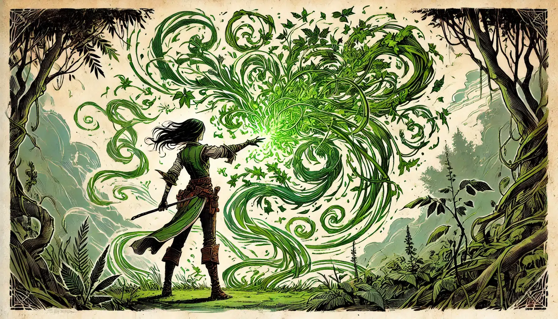 A fantasy illustration of a figure in medieval armor, standing in a lush forest. They extend an arm toward a swirling mass of glowing green energy, reminiscent of a magical spell from Dungeons & Dragons, surrounded by leaves and vines. The scene is vibrant and magical.